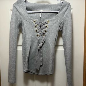 Free People Gray Lace Up Top